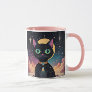 Atomfuturistische, kosmische schwarze Katze im Mon Tasse
