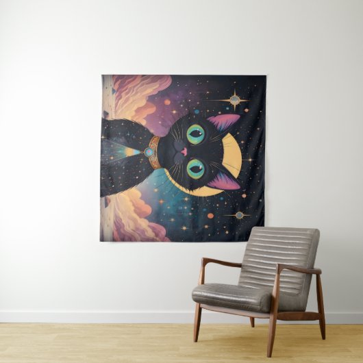 Atomfuturistische, kosmische schwarze Katze im Mon Wandteppich (Beispiel (Horizontal))