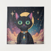 Atomfuturistische, kosmische schwarze Katze im Mon Wandteppich (Vorderseite)