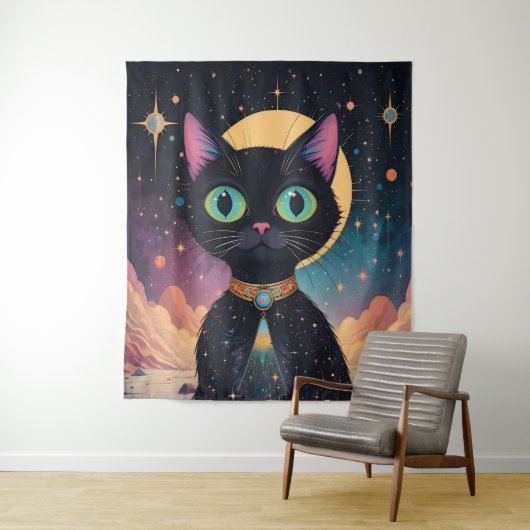 Atomfuturistische, kosmische schwarze Katze im Mon Wandteppich (Beispiel)