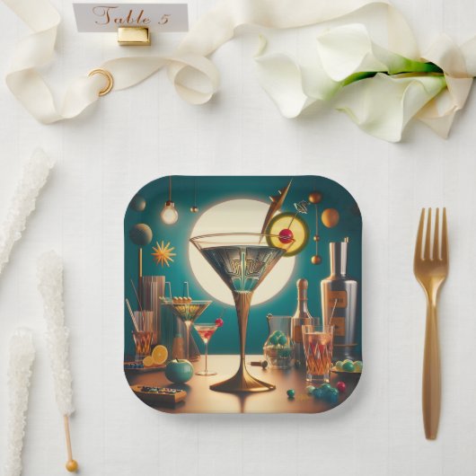 Atomfuturistische Schalttafel Martini Pappteller (Hochzeit)