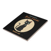 Atomfuturistischer Schwarzer Katzenmond mit Text Fliese (Seite)