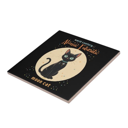 Atomfuturistischer Schwarzer Katzenmond mit Text Fliese (Seite)