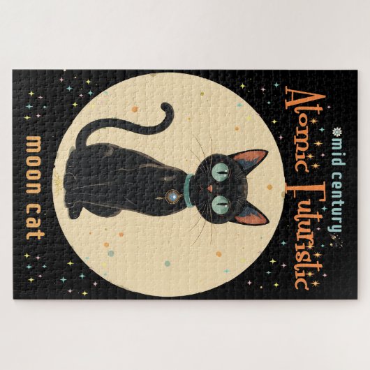 Atomfuturistischer Schwarzer Katzenmond mit Text Puzzle (Horizontal)