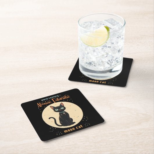 Atomfuturistischer Schwarzer Katzenmond mit Text Rechteckiger Pappuntersetzer (Vor Ort)