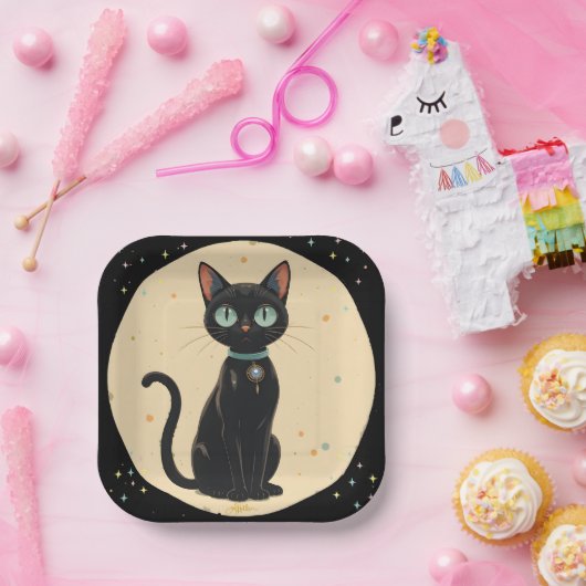 Atomfuturistischer Schwarzkatzenmoon Pappteller (Party)