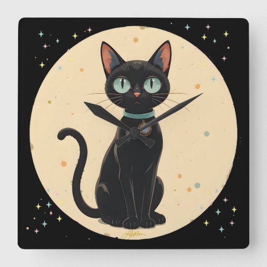 Atomfuturistischer Schwarzkatzenmoon Quadratische Wanduhr (Vorderseite)