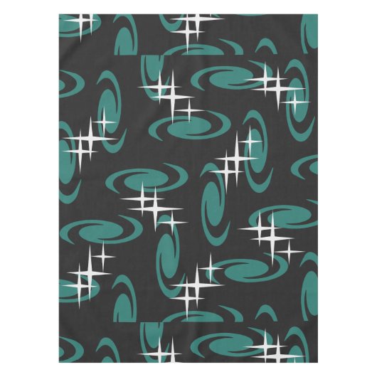 Atomic Age Swirls Stars Pattern Black Teal Tischdecke (Vorderseite)