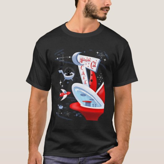 Atomic Cat Cafe Futuristic Spaceport Mitte Jahrhun T-Shirt (Vorderseite)