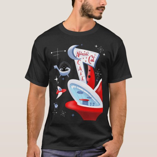 Atomic Cat Cafe Retro Futuristic Kitty Spaceport T-Shirt (Vorderseite)