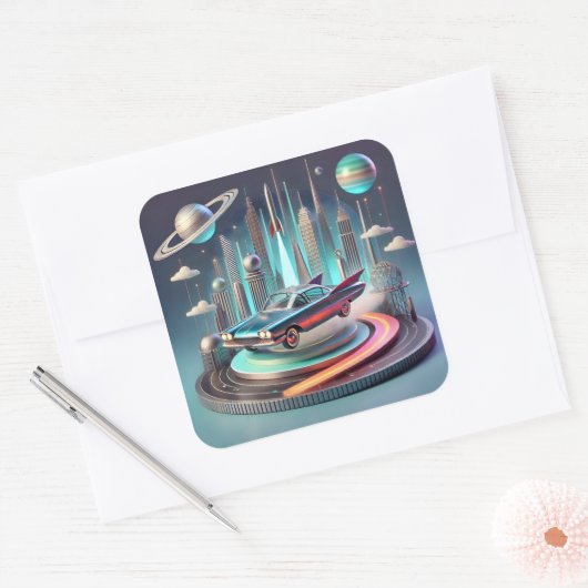 Atomic Futuristic Big Fins Coupe Car Quadratischer Aufkleber (Umschlag)