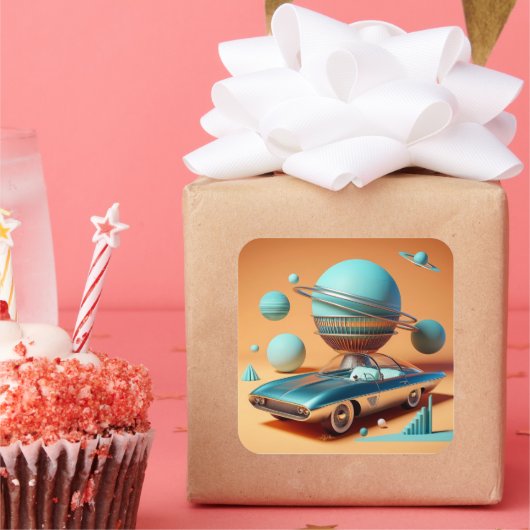 Atomic Futuristic Sky View Cruiser Car Quadratischer Aufkleber (Party)