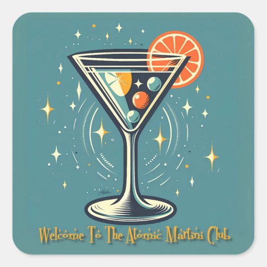 Atomic Martini Club Retro Futuristic Cocktail Quadratischer Aufkleber (Vorderseite)