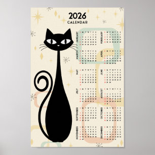 Atomic Retro Black Cat Mid Century 2026 Kalender Poster