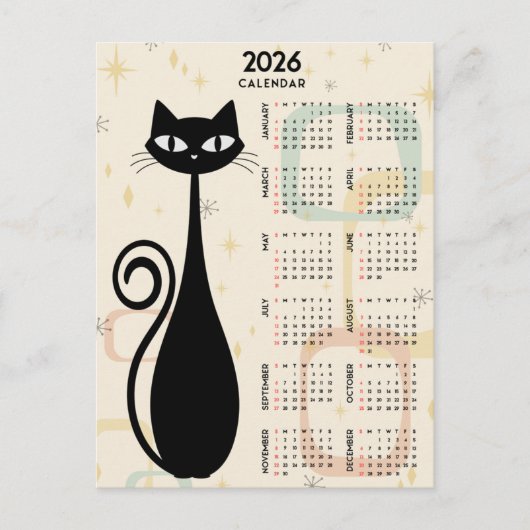 Atomic Retro Black Cat Mid Century 2026 Kalender Postkarte (Vorderseite)