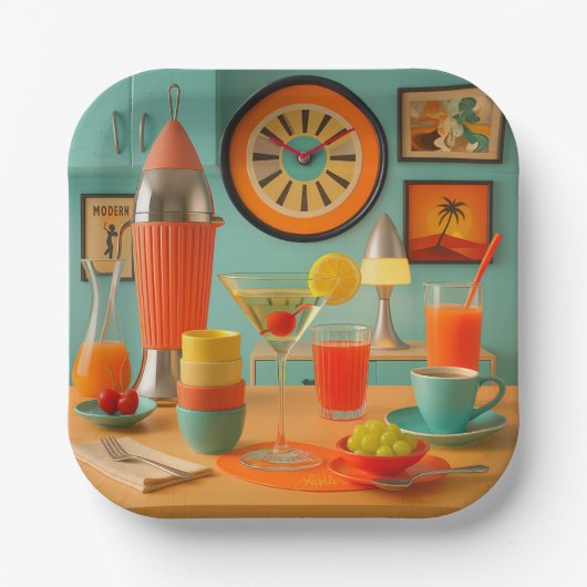 Atomic Retro Futuristic Martini Breakfast Bar Pappteller (Vorderseite)
