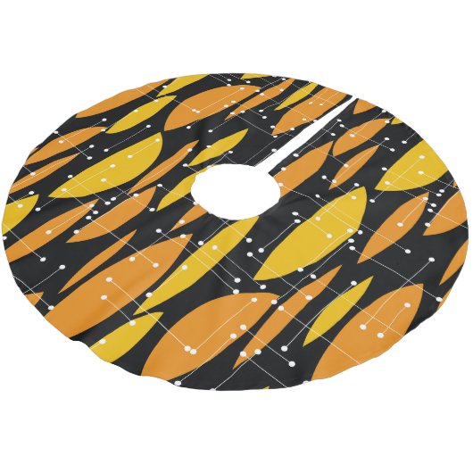 Atomic, schwarz-orange geometrisches Muster. Polyester Weihnachtsbaumdecke (Schrägansicht)