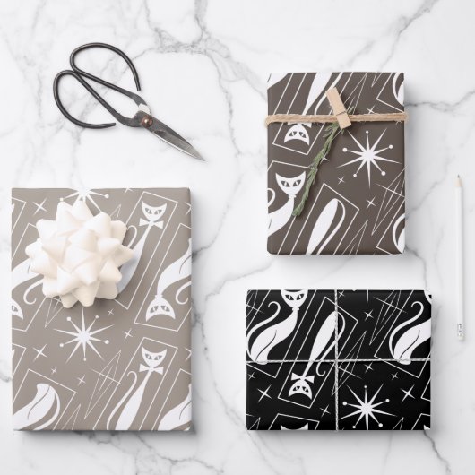 Atomic Star Cat MidCentury Modern Christmas MCM Geschenkpapier Set (Vorderseite)