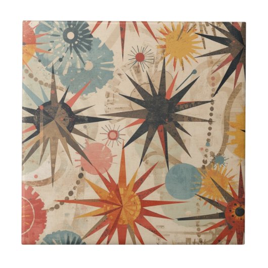 Atomic Starburst retro Mid Century Modern pastel Fliese (Vorderseite)