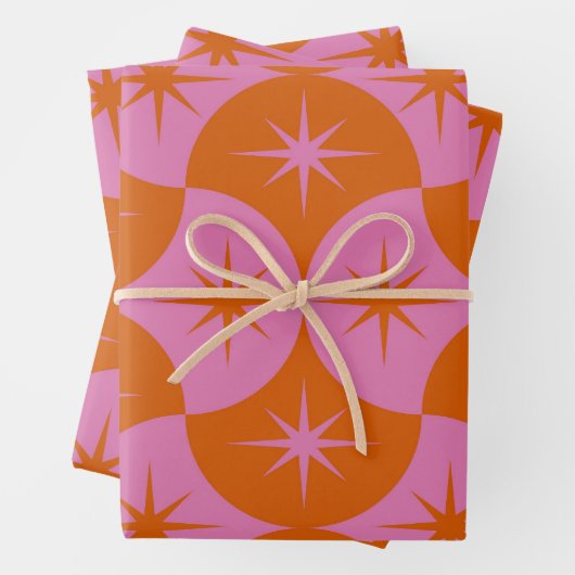 Atomische Sternexplosionen auf rosa Orangen Scallo Geschenkpapier Set (Beispiel)