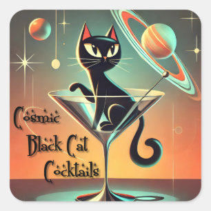 Atomistische futuristische kosmische schwarze Katz Quadratischer Aufkleber