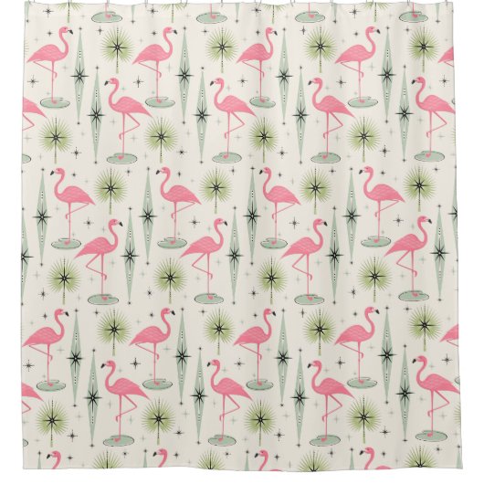 Atomoase Retro mit rosa Flamingos Duschvorhang (Vorderseite)
