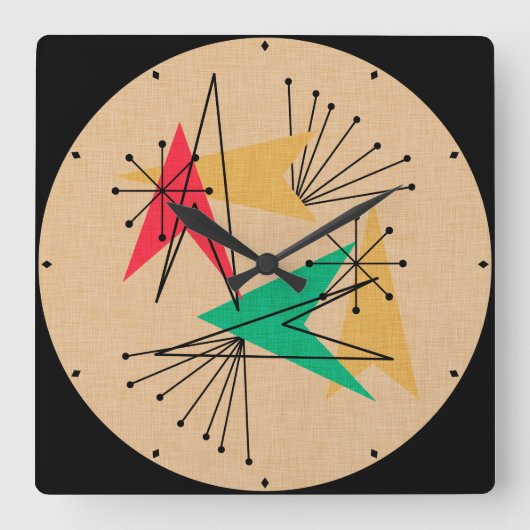 Atompfeile und Sternexplosionen Mitte des Jahrhund Quadratische Wanduhr (Vorderseite)