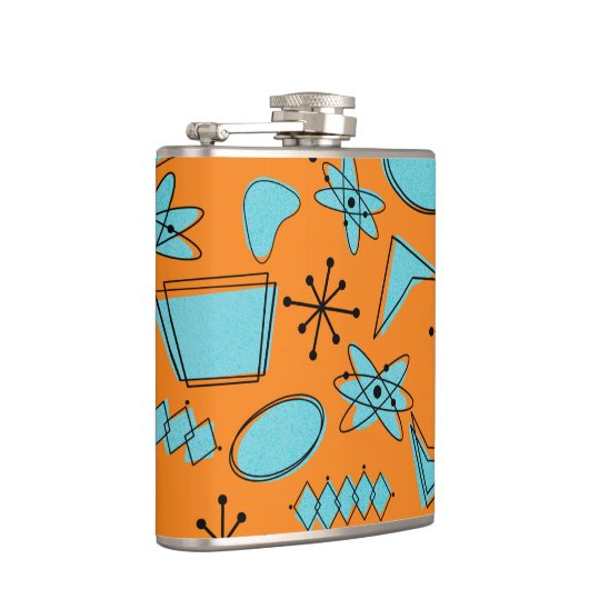 Atomtürkisfarbener MCM auf orangefarbenem Vinyl-Ko Flachmann (Rechts)