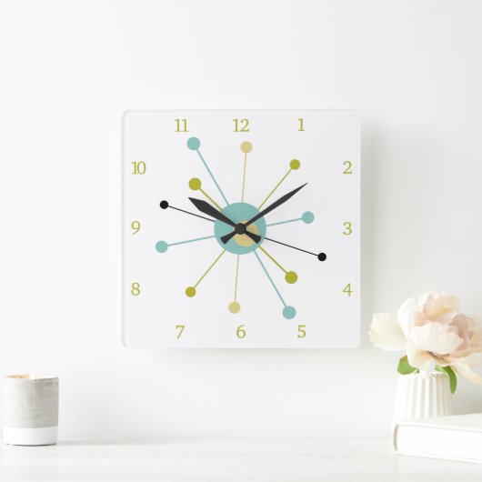 Atomzeitalter Sternexplosion Mitte Jahrhundert Mod Quadratische Wanduhr (Zuhause)