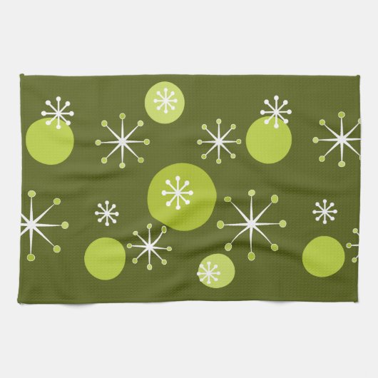 Atomzeitalter Sternexplosionen Olive Green Geschirrtuch (Horizontal)
