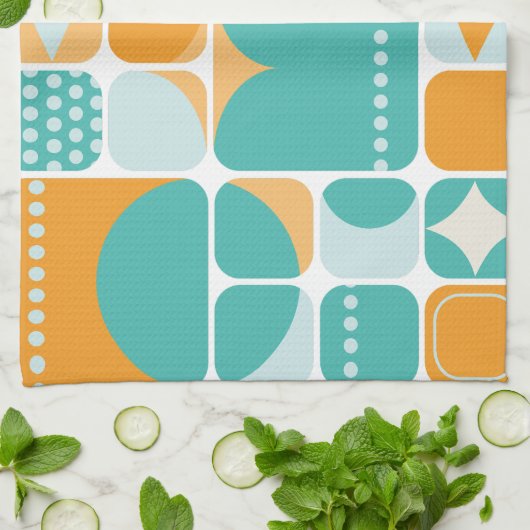 Atomzeitmitte Abstrakt Aquamarin, Aqua, Orange Geschirrtuch (Gefaltet)