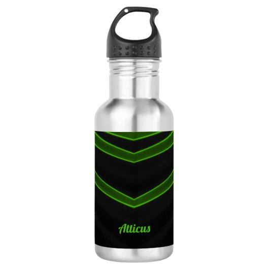ATTICUS ~ Schwarz und Fluorgrün Edelstahlflasche (Vorderseite)