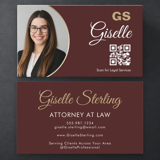 Attorney at Law Burgundy Gold Photo QR Code  Visitenkarte
