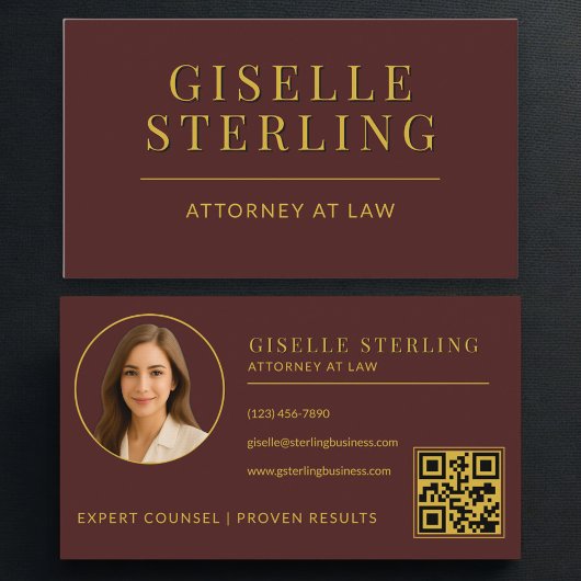 Attorney at Law Burgundy Gold Photo QR Code Visitenkarte