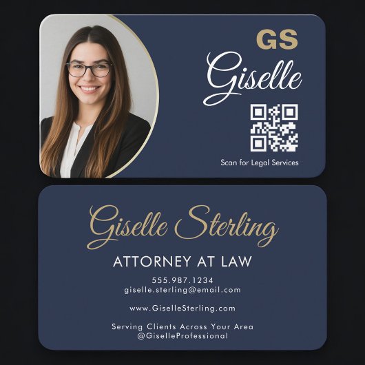 Attorney at Law QR Code Photo Navy Blue Gold  Visitenkarte