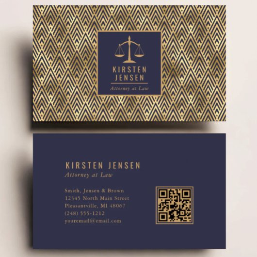 Attorney QR Code Blue Gold Geometric Deco Pattern Visitenkarte
