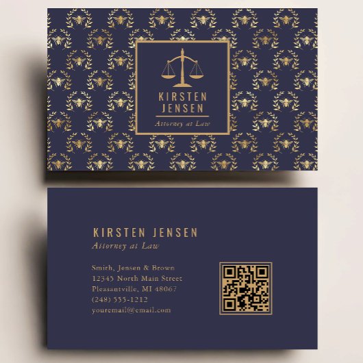 Attorney QR Code Dark Blue Gold Bee Laurel Pattern Visitenkarte