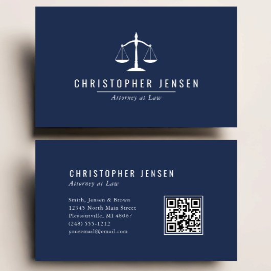 Attorney QR Code Navy Blue White Scales Simple Visitenkarte