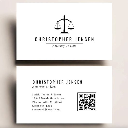 Attorney QR Code White Black Scales Simple Visitenkarte
