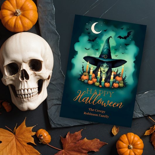 Attractive & Mystical Halloween Witch Conjures Karte