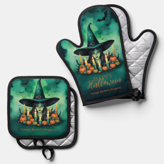 Attractive & Mystical Halloween Witch Conjures Ofenhandschuh & Topflappen-Set (Vorderseite/Rückseite)