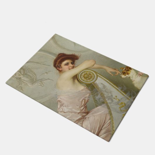 Attraktive junge Lady streichelt ihren Welpen Hund Fußmatte (Schrägansicht)