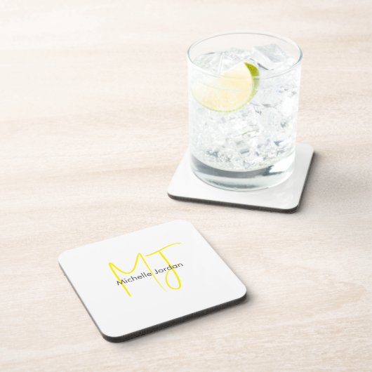 Attraktive Monogram gelb weiß Moderne Minimalistis Getränkeuntersetzer (Rechte Seite)