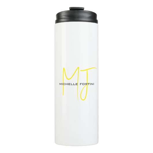 Attraktive Monogram gelb weiß Moderne Minimalistis Thermosbecher (Vorderseite)