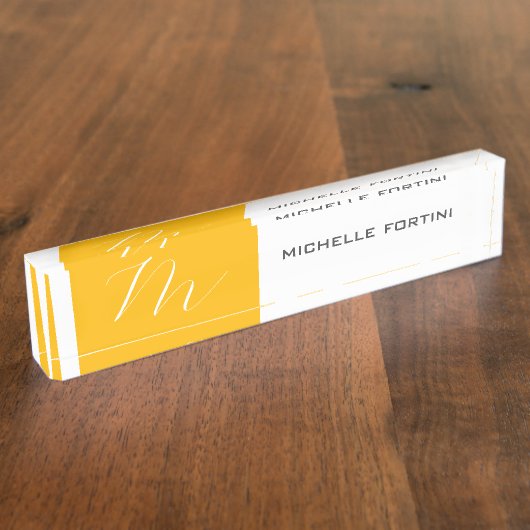 Attraktive Monogram gelb weiß Moderne Schlicht Namensplakette (Seite)
