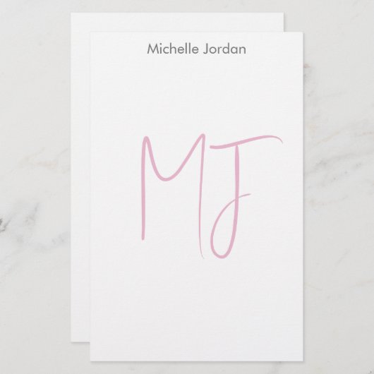 Attraktive Monogram Pink White Modern Minimalistis Briefpapier (Vorne/Hinten)