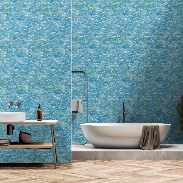 Attraktive Wasserfarbe Blaue Welle Tapete (Badezimmer)