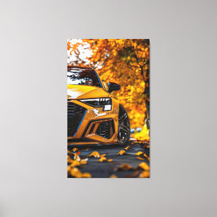 Attraktives gelbes Auto in herbstlicher Landschaft Leinwanddruck