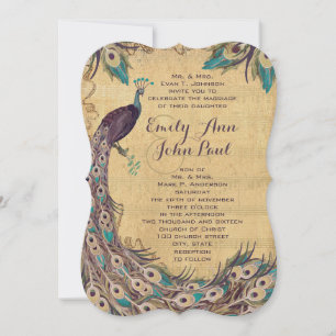 Aubergine Aqua Pfau Vintage 3 Federn Einladung