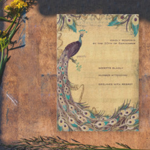 Aubergine Aqua Pfau Vintage 3 Federn RSVP Karte